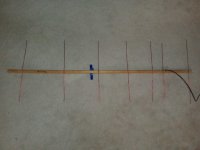 A 7 element 437.8MHz Yagi-Uda antenna made mostly from stuff we had lying around