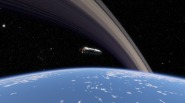 Rocket in orbit around Earth, planetary rings are visible in the background