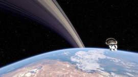 Hunter in orbit around Earth, planetary rings are visible in the background